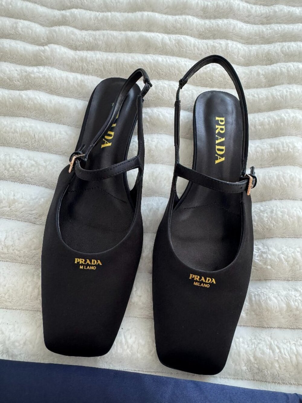 Prada Black Satin Slingback Heels Square Toe Size 9 US with Dust Bag